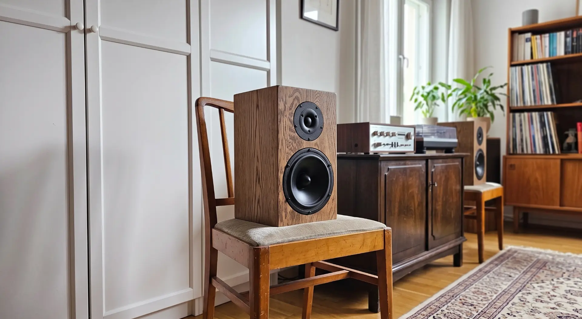 A handcrafted Haient loudspeaker on a light oak media console in a minimalist Scandinavian living room