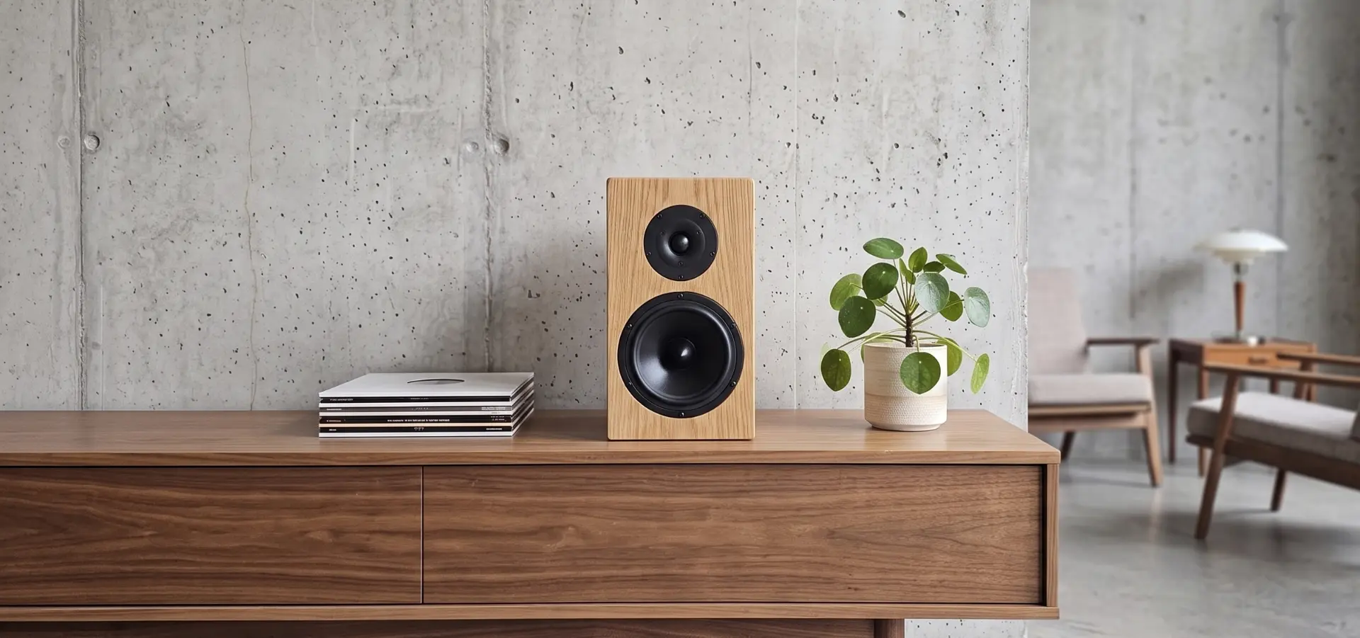 A natural oak Haient loudspeaker on a wooden sideboard beside records and a plant in a minimalist concrete interior