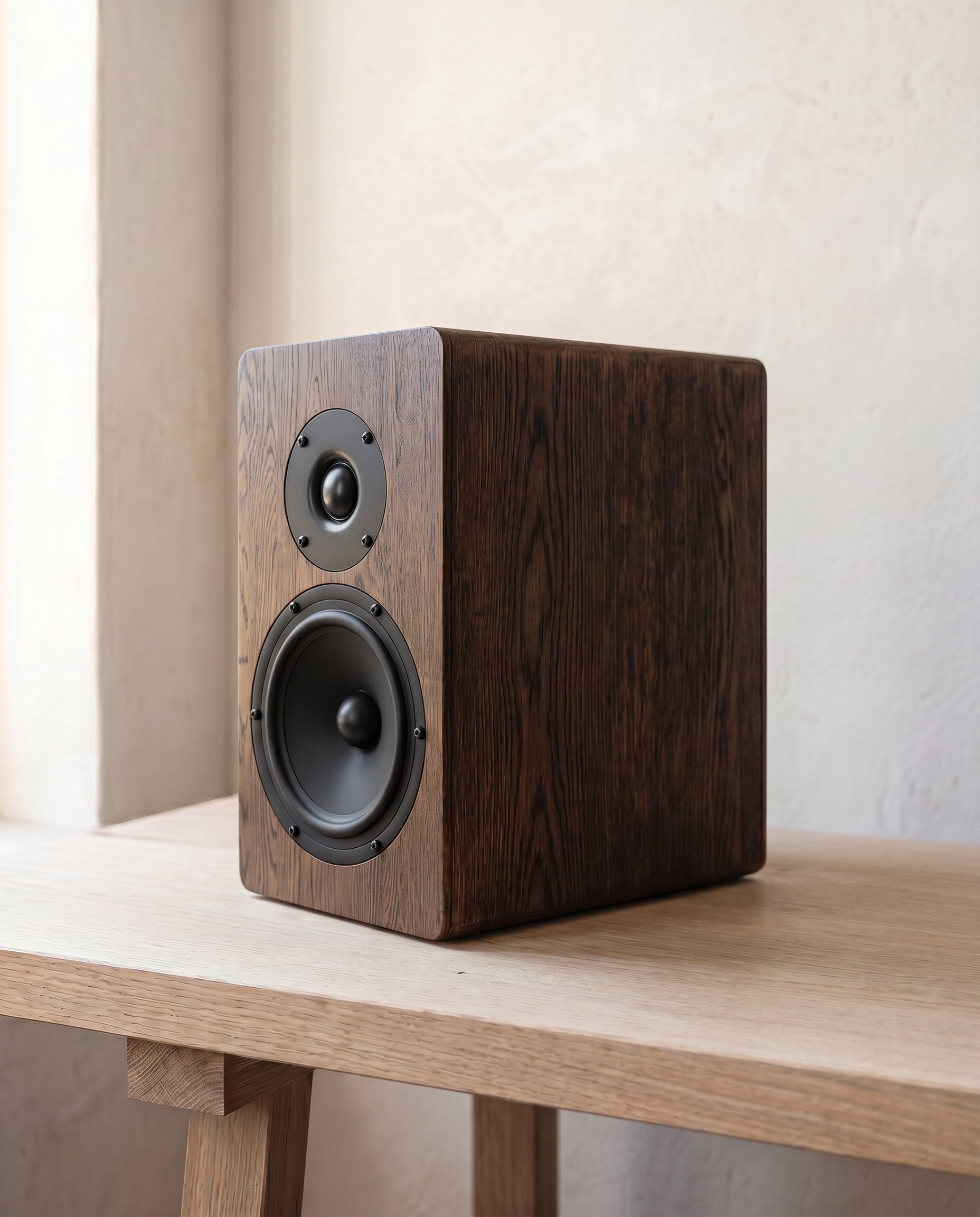 Craftsman hand-oiling an oak speaker cabinet